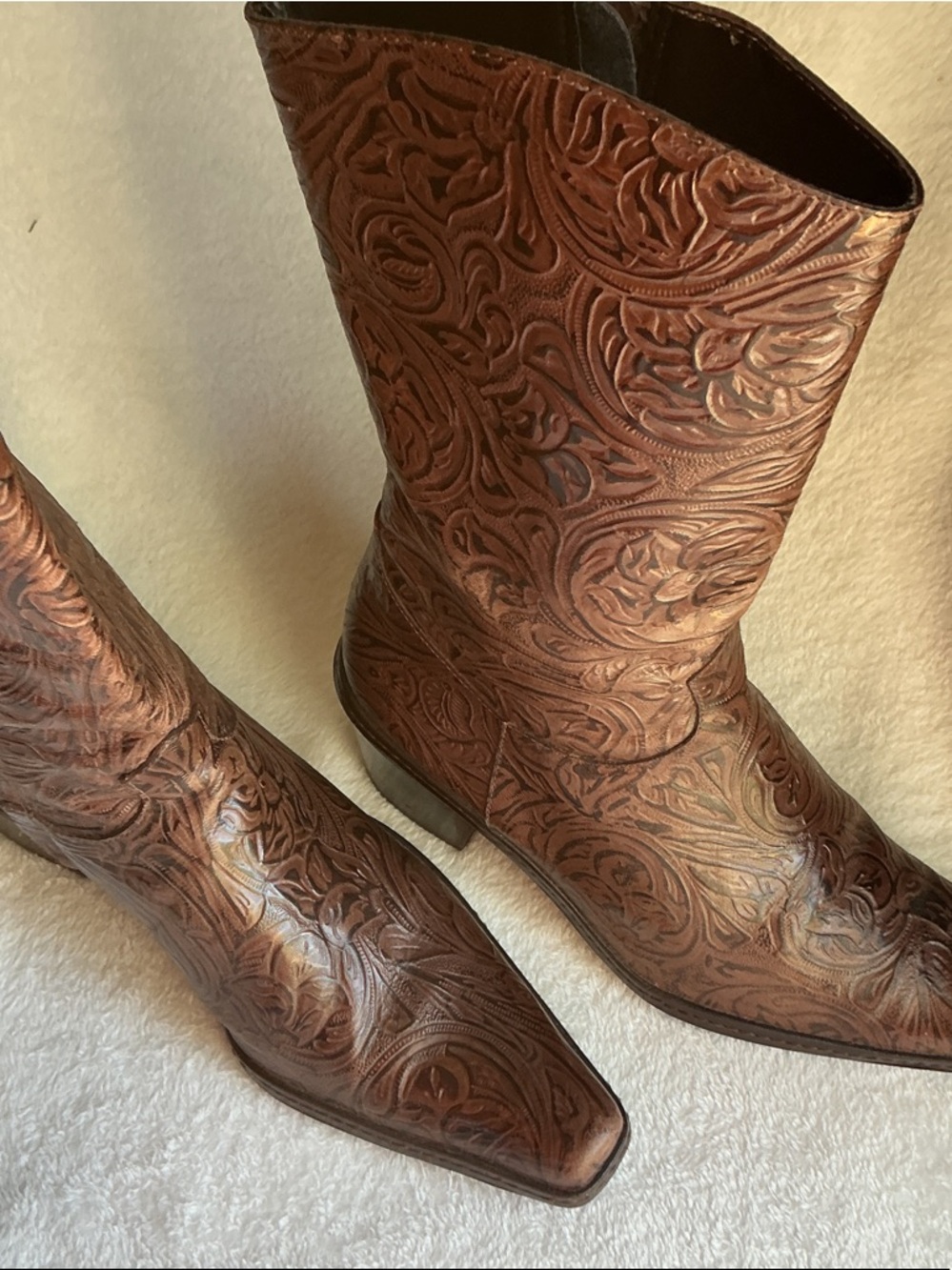 Gianni Bini Brown Embossed Leather Cowboy Heeled Boots - Picture 3 of 3